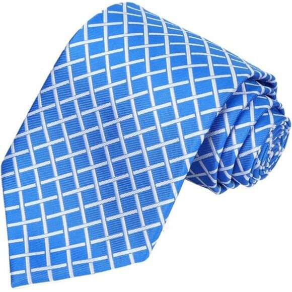 Mens Extra Long Tie Bright Blue Plaid Necktie Formal Wedding Business Gift - Picture 7 of 7